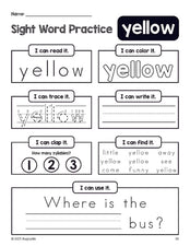 Free printable preschool sight word worksheet, beginner sight word for preschoolers and high frequency word 'yellow', practice sheet includes 6 sight word activities and 1 sight word sentence, tenth 100 fry sight words, Dolch pre-primer, PDF