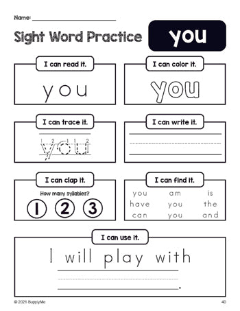 Free printable preschool sight word worksheet, beginner sight word for preschoolers and high frequency word 'you', practice sheet includes 6 sight word activities and 1 sight word sentence, first 100 fry sight words, Dolch pre-primer, PDF