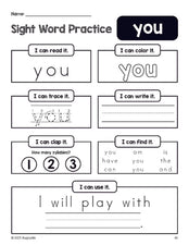 Free printable preschool sight word worksheet, beginner sight word for preschoolers and high frequency word 'you', practice sheet includes 6 sight word activities and 1 sight word sentence, first 100 fry sight words, Dolch pre-primer, PDF