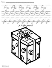 Free printable present Christmas coloring page, cursive letter tracing worksheet, letter p worksheet for preschool, pre-k, and kindergarten