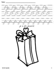 Free printable present Christmas coloring page, cursive letter tracing worksheet, letter p worksheet for preschool, pre-k, and kindergarten