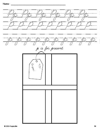 Free printable present Christmas coloring page, cursive letter tracing worksheet, letter p worksheet for preschool, pre-k, and kindergarten