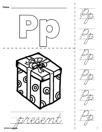 Free printable present Christmas coloring page and cursive letter tracing worksheet, letter p worksheet for preschool, pre-k, and kindergarten