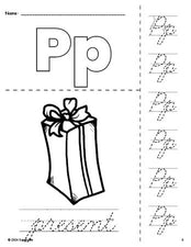 Free printable present Christmas coloring page and cursive letter tracing worksheet, letter p worksheet for preschool, pre-k, and kindergarten