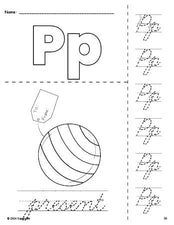 Free printable present Christmas coloring page and cursive letter tracing worksheet, letter p worksheet for preschool, pre-k, and kindergarten