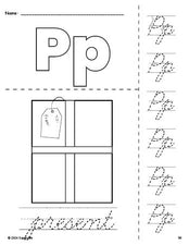 Free printable present Christmas coloring page and cursive letter tracing worksheet, letter p worksheet for preschool, pre-k, and kindergarten