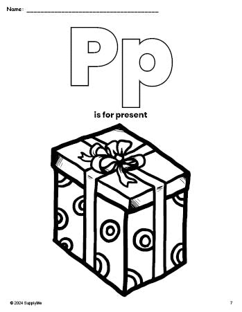 Free printable present Christmas coloring page, letter p coloring page for preschool, pre-k, and kindergarten