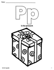 Free printable present Christmas coloring page, letter p coloring page for preschool, pre-k, and kindergarten