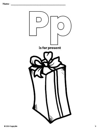 Free printable present Christmas coloring page, letter p coloring page for preschool, pre-k, and kindergarten