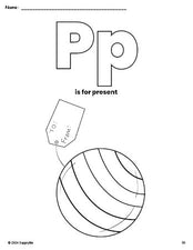 Free printable present Christmas coloring page, letter p coloring page for preschool, pre-k, and kindergarten