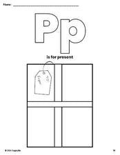 Free printable present Christmas coloring page, letter p coloring page for preschool, pre-k, and kindergarten