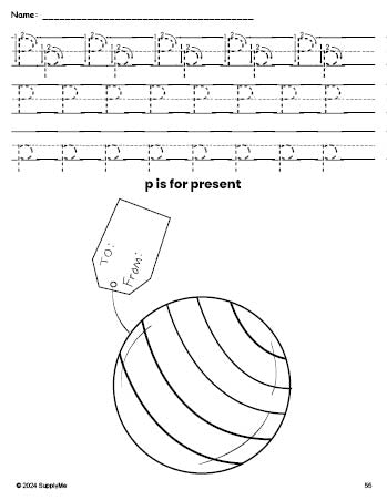 Free printable present Christmas coloring page, letter p tracing worksheet for preschool, pre-k, and kindergarten