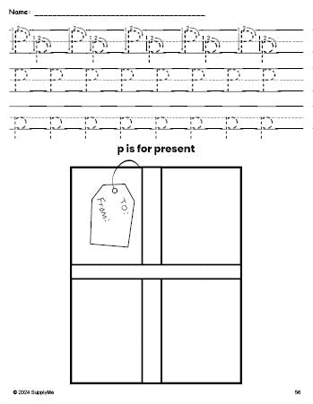 Free printable present Christmas coloring page, letter p tracing worksheet for preschool, pre-k, and kindergarten