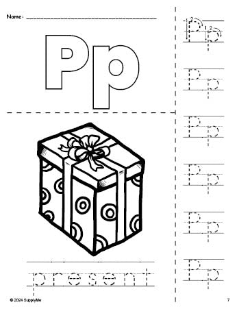 Free printable present Christmas coloring page and letter tracing worksheet, letter p worksheet for preschool, pre-k, and kindergarten