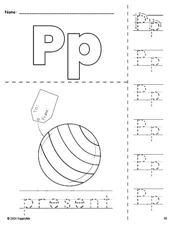 Free printable present Christmas coloring page and letter tracing worksheet, letter p worksheet for preschool, pre-k, and kindergarten