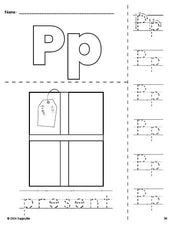 Free printable present Christmas coloring page and letter tracing worksheet, letter p worksheet for preschool, pre-k, and kindergarten