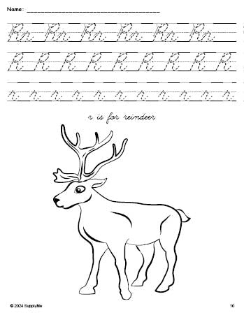 Free printable reindeer Christmas coloring page, cursive letter tracing worksheet, letter r worksheet for preschool, pre-k, and kindergarten