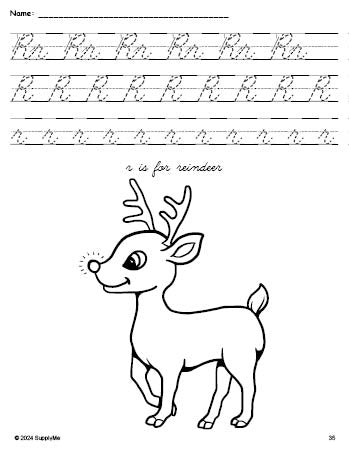 Free printable reindeer Christmas coloring page, cursive letter tracing worksheet, letter r worksheet for preschool, pre-k, and kindergarten