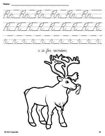 Free printable reindeer Christmas coloring page, cursive letter tracing worksheet, letter r worksheet for preschool, pre-k, and kindergarten