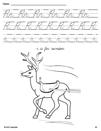 Free printable reindeer Christmas coloring page, cursive letter tracing worksheet, letter r worksheet for preschool, pre-k, and kindergarten