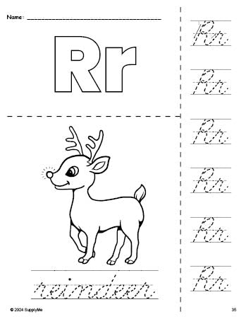 Free printable reindeer Christmas coloring page and cursive letter tracing worksheet, letter r worksheet for preschool, pre-k, and kindergarten