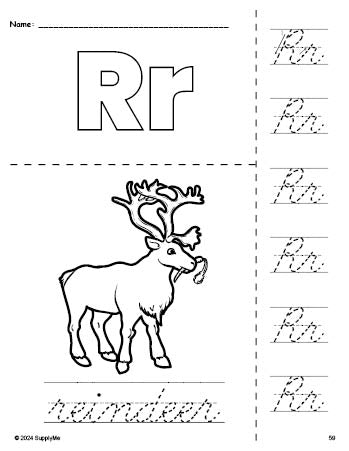 Free printable reindeer Christmas coloring page and cursive letter tracing worksheet, letter r worksheet for preschool, pre-k, and kindergarten