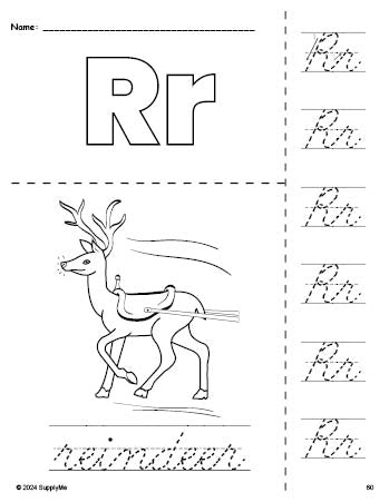 Free printable reindeer Christmas coloring page and cursive letter tracing worksheet, letter r worksheet for preschool, pre-k, and kindergarten