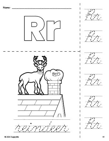 Free printable reindeer Christmas coloring page and cursive letter tracing worksheet, letter r worksheet for preschool, pre-k, and kindergarten