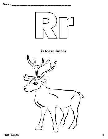 Free printable reindeer Christmas coloring page, letter r coloring page for preschool, pre-k, and kindergarten