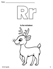 Free printable reindeer Christmas coloring page, letter r coloring page for preschool, pre-k, and kindergarten