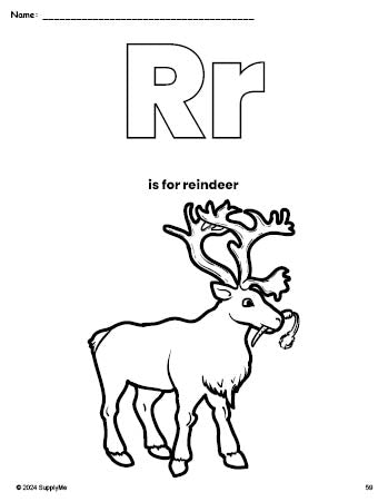 Free printable reindeer Christmas coloring page, letter r coloring page for preschool, pre-k, and kindergarten