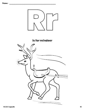 Free printable reindeer Christmas coloring page, letter r coloring page for preschool, pre-k, and kindergarten