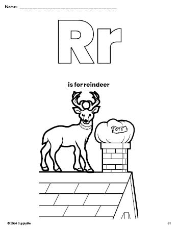 Free printable reindeer Christmas coloring page, letter r coloring page for preschool, pre-k, and kindergarten