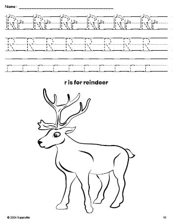 Free printable reindeer Christmas coloring page, letter r tracing worksheet for preschool, pre-k, and kindergarten