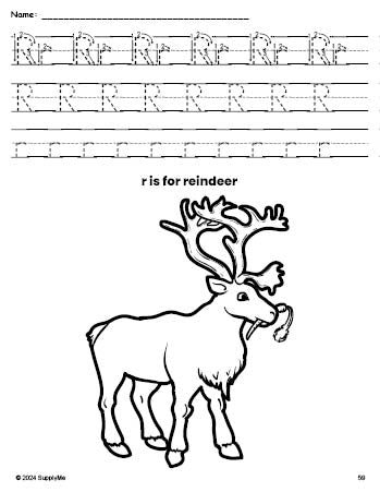 Free printable reindeer Christmas coloring page, letter r tracing worksheet for preschool, pre-k, and kindergarten