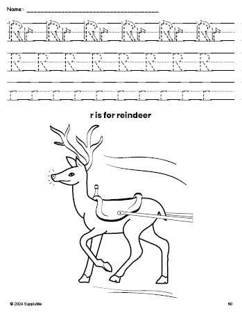 Free printable reindeer Christmas coloring page, letter r tracing worksheet for preschool, pre-k, and kindergarten