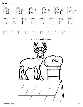 Free printable reindeer Christmas coloring page, letter r tracing worksheet for preschool, pre-k, and kindergarten