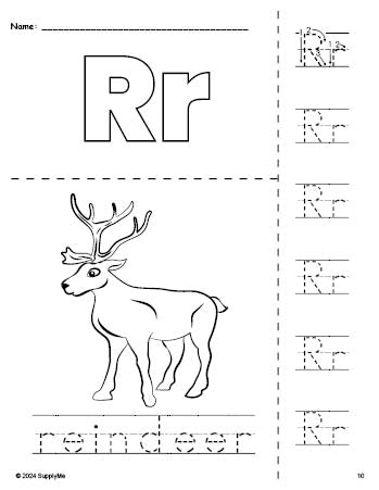 Free printable reindeer Christmas coloring page and letter tracing worksheet, letter r worksheet for preschool, pre-k, and kindergarten