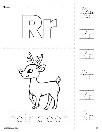 Free printable reindeer Christmas coloring page and letter tracing worksheet, letter r worksheet for preschool, pre-k, and kindergarten