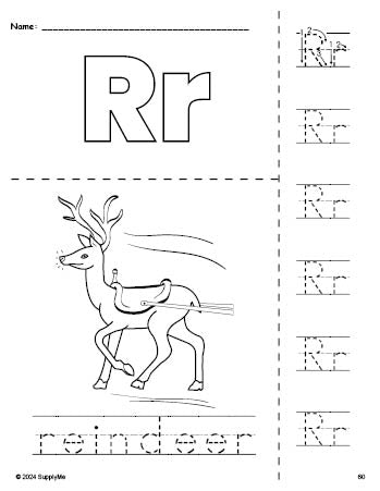 Free printable reindeer Christmas coloring page and letter tracing worksheet, letter r worksheet for preschool, pre-k, and kindergarten