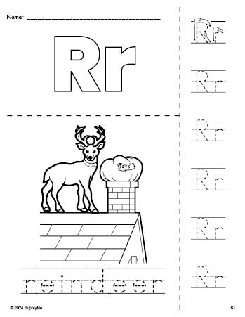 Free printable reindeer Christmas coloring page and letter tracing worksheet, letter r worksheet for preschool, pre-k, and kindergarten