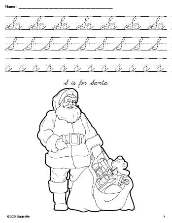 Free printable Santa Christmas coloring page, cursive letter tracing worksheet, letter s worksheet for preschool, pre-k, and kindergarten