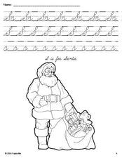 Free printable Santa Christmas coloring page, cursive letter tracing worksheet, letter s worksheet for preschool, pre-k, and kindergarten