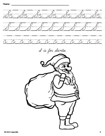 Free printable Santa Christmas coloring page, cursive letter tracing worksheet, letter s worksheet for preschool, pre-k, and kindergarten