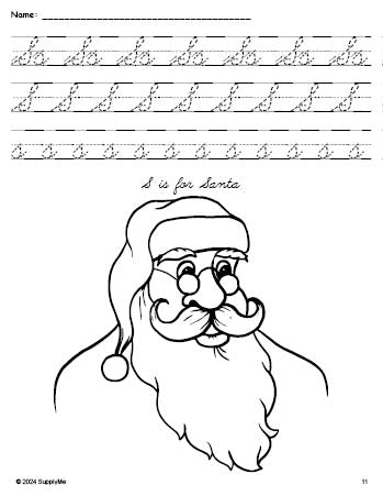 Free printable Santa Christmas coloring page, cursive letter tracing worksheet, letter s worksheet for preschool, pre-k, and kindergarten