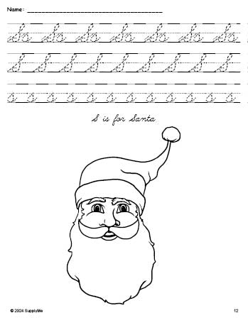 Free printable Santa Christmas coloring page, cursive letter tracing worksheet, letter s worksheet for preschool, pre-k, and kindergarten