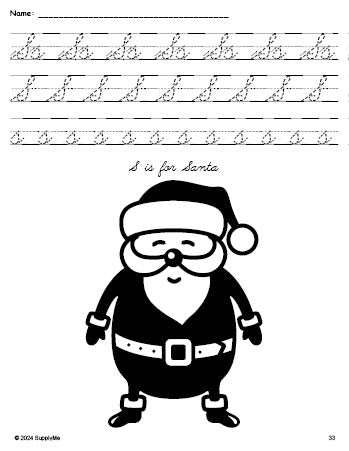 Free printable Santa Christmas coloring page, cursive letter tracing worksheet, letter s worksheet for preschool, pre-k, and kindergarten