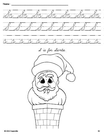 Free printable Santa Christmas coloring page, cursive letter tracing worksheet, letter s worksheet for preschool, pre-k, and kindergarten