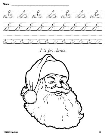 Free printable Santa Christmas coloring page, cursive letter tracing worksheet, letter s worksheet for preschool, pre-k, and kindergarten