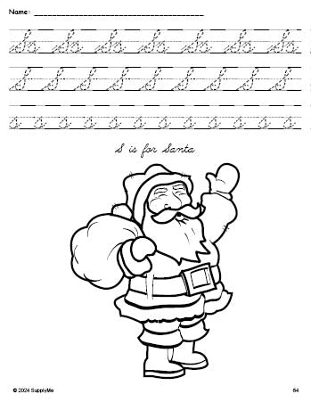 Free printable Santa Christmas coloring page, cursive letter tracing worksheet, letter s worksheet for preschool, pre-k, and kindergarten